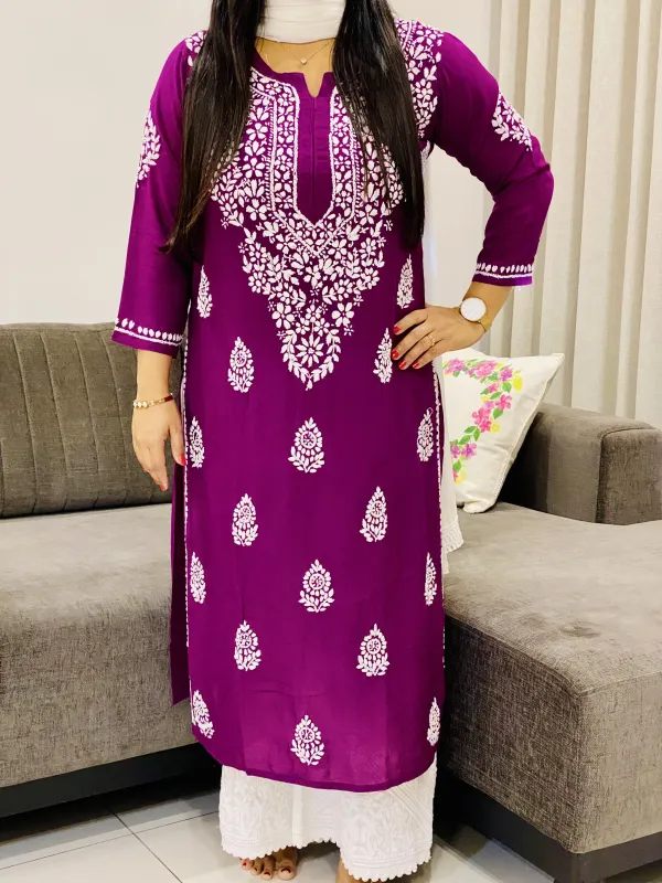 Wine Niya Premium Modal Chikankari Hand Embroidered Solid Women's Long Kurta