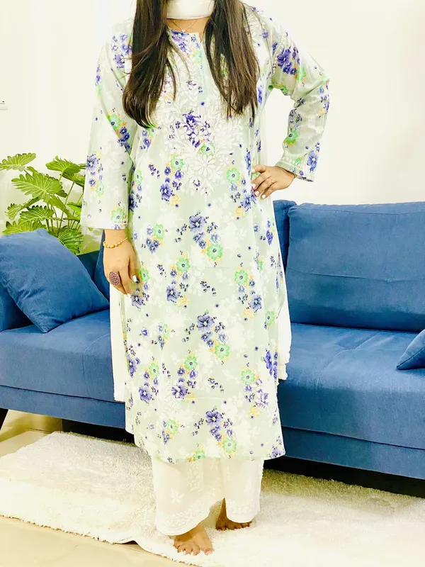 Mint Saloni Mulmul Chikankari Hand Embroidered Women's Floral Long Kurta