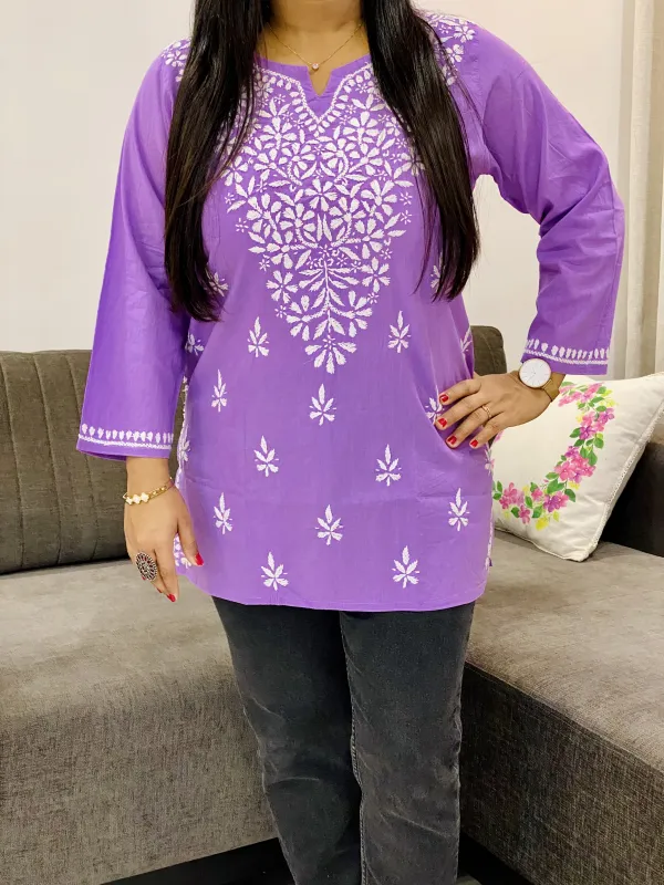 Lavender Ekra Cotton Chikankari Hand Embroidered Solid Women's Short Kurta