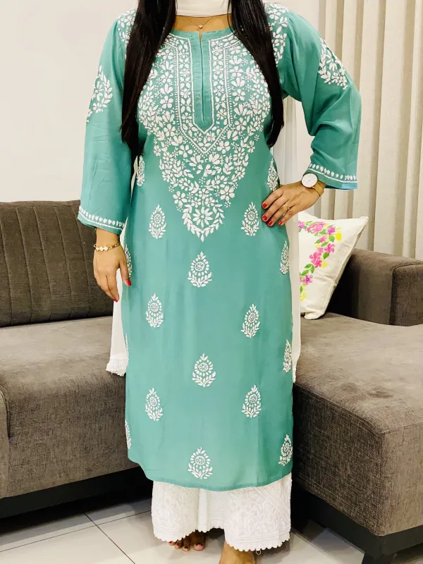Army Green Niya Premium Modal Chikankari Hand Embroidered Solid Women's Long Kurta