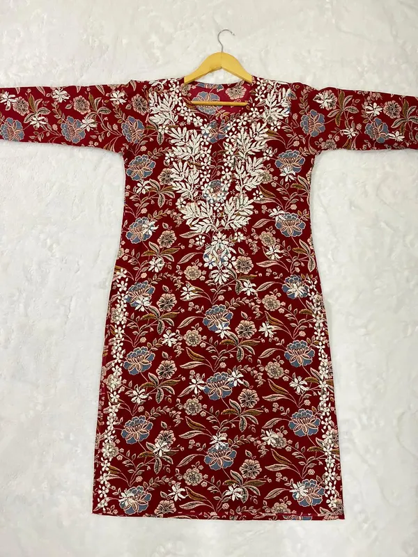 Cotton Chikankari Hand Embroidered Women's Long Kurta