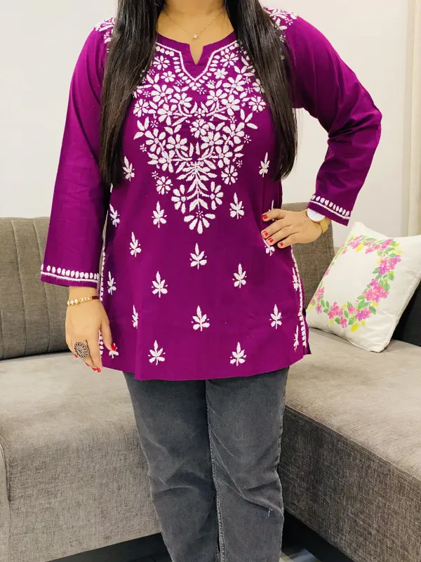 Wine Ekra Cotton Chikankari Hand Embroidered Solid Women's Short Kurta