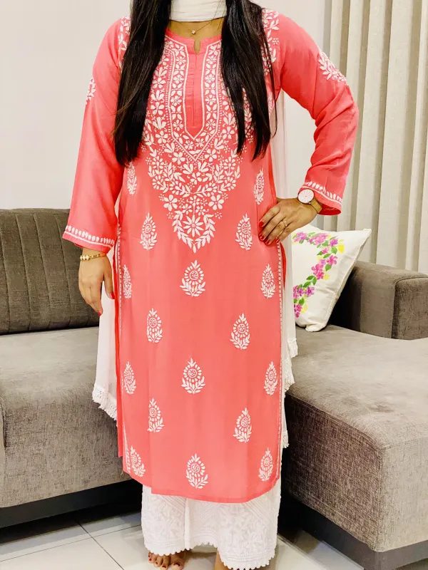 Premium Modal Chikankari Hand Embroidered Solid Women's Long Kurta