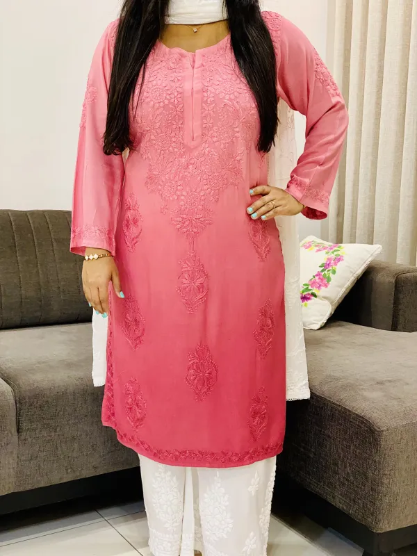 Dark Peach Hasti Rayon Ombre Shade Chikankari Hand Embroidered Women's Straight Kurta