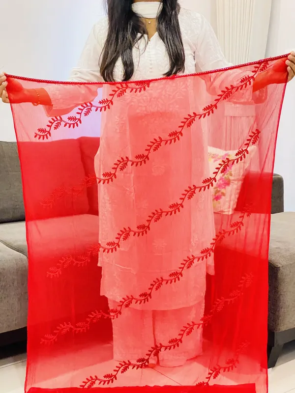 Red Chikankari Women's Dupatta