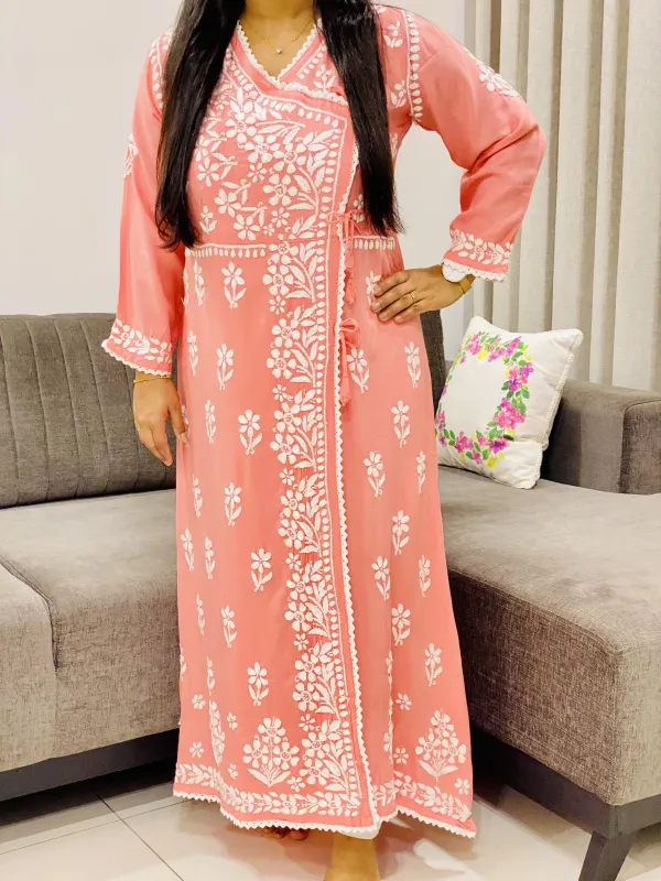 Peach Tripti Rayon Chikankari Handwork Solid Women's Angrakha Kurta