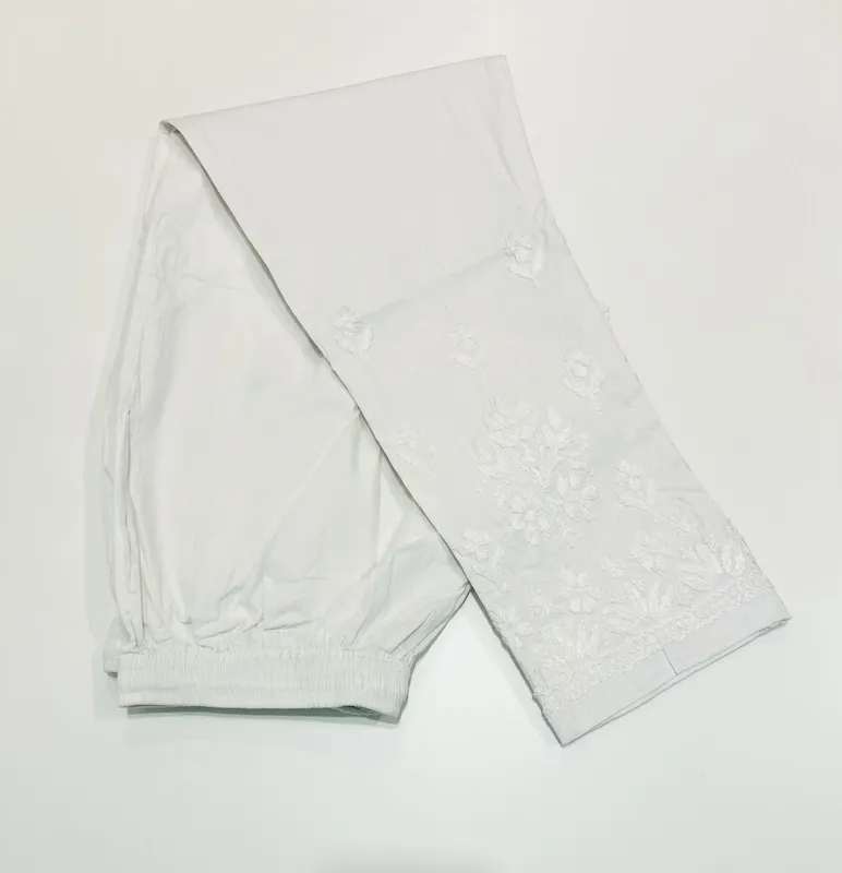 White Ghaspatti Lycra Cotton Chikankari Hand Embroidered Women's White Pant