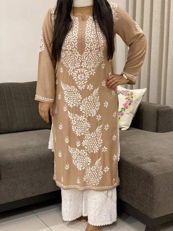 Beige Brown Esha Premium Modal Chikankari Hand Embroidered Solid Women's Kurta