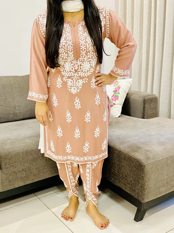 Premium Rayon Chikankari Hand Embroidered Solid Women's Kurta-Dhoti Set