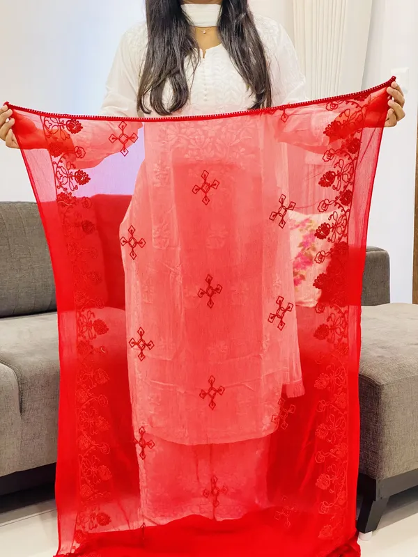 Red Chikankari Aari Work Dupatta