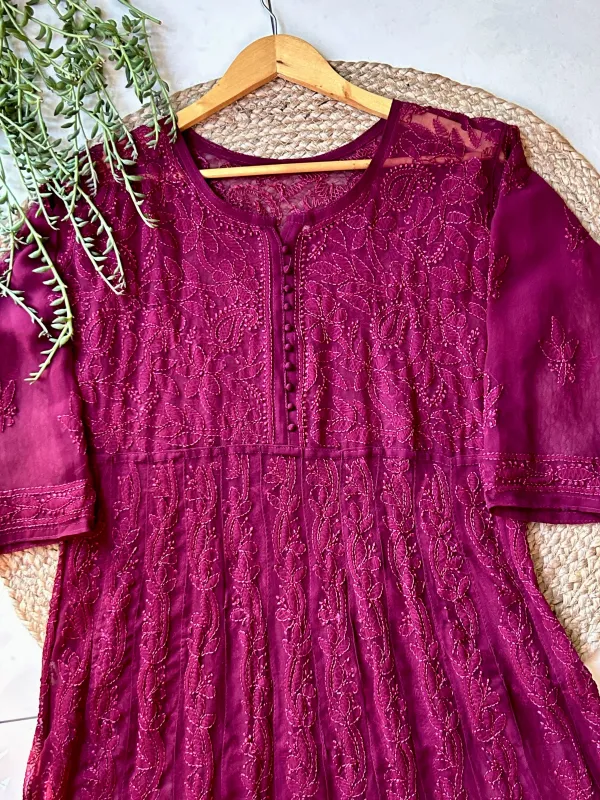 Resham Chikankari Hand Embroidered Women's Yog Anarkali Kurta