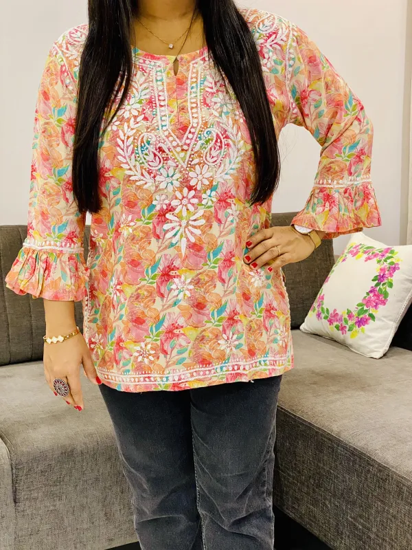 Peach Bell Fancy Sleeve Chikankari Hand Embroidered Women's Floral Short Kurta