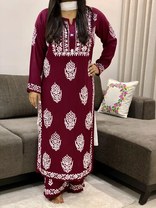 Maroon Bellate Premium Modal Chikankari Hand Embroidered Solid Women's Kurta Palazzo Set