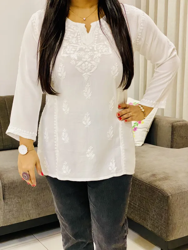 White Isha Rayon Chikankari Hand Embroidered Solid Women's Short Top