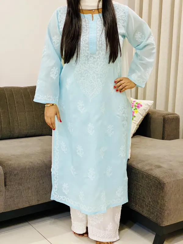 Voil Cotton Chikankari Hand Embroidered Women's Solid Long Kurta