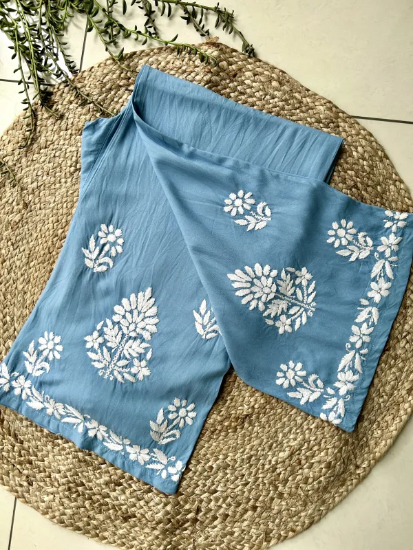 Powder Blue Sangriya Rayon Chikankari Handwork women kurta palazzo set