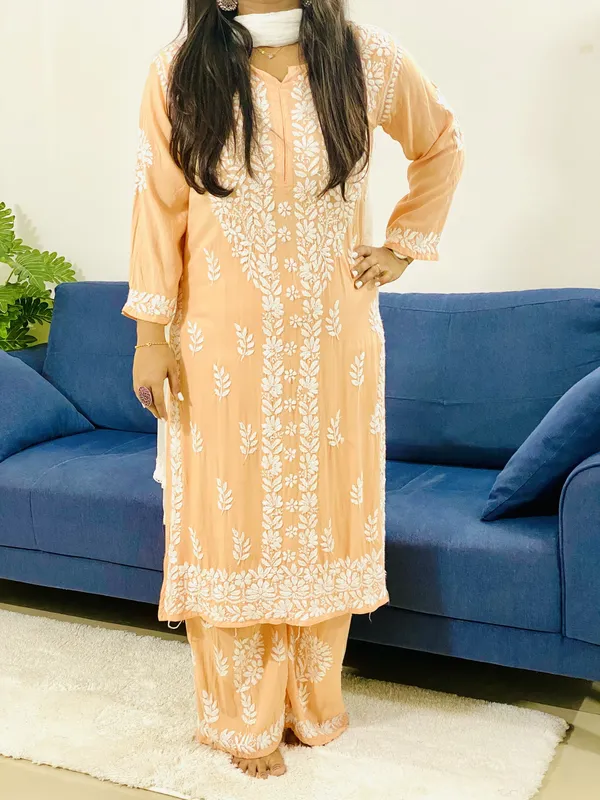 Peach Anaisha Rayon Chikankari Hand Embroidered Women's Solid Kurta Palazzo Set