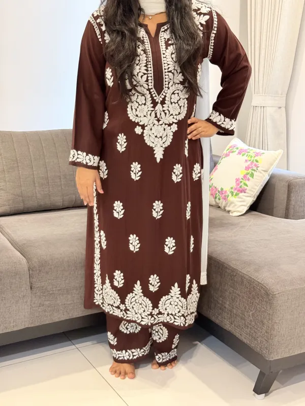 Brown Sangriya Rayon Chikankari Handwork women kurta palazzo set