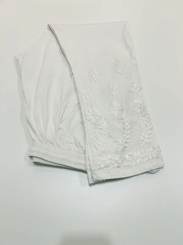 White Flower Lycra Cotton Chikankari Hand Embroidered Women's White Pant