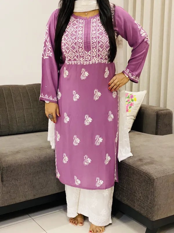 Mauve Nora Premium Modal Chikankari Hand Embroidered Solid Women's Kurta