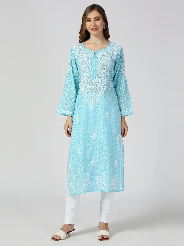 Sky Aadita Cotton Chikankari Hand Embroidered Women's Floral Long Kurta