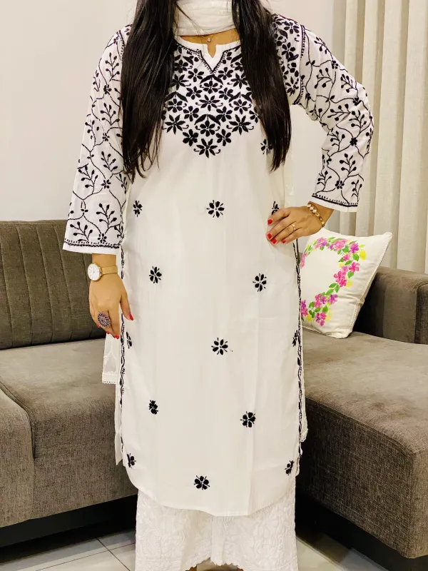 White Clara Mulmul Cotton Chikankari Hand Embroidered Solid Women's Long Kurta