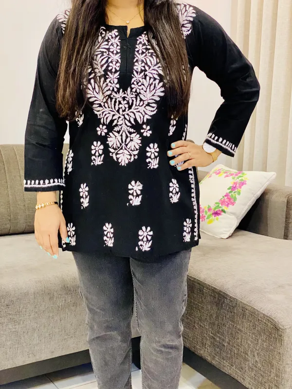 Black Sitara Cotton Chikankari Hand embroidered Women's Short Kurta