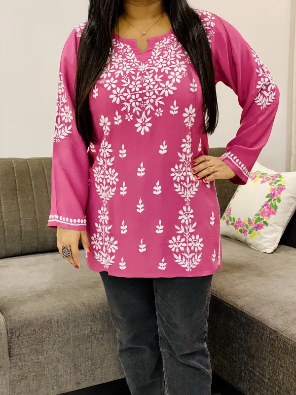 Dark Pink Ayat Chikankari Handwork Women's Modal Short Kurta