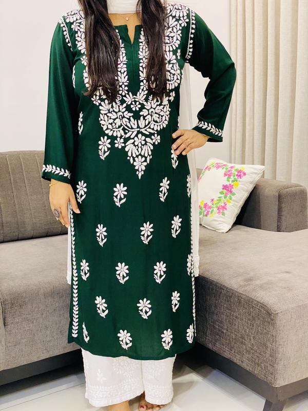 Bottle Green Evana Rayon Chikankari Handwork Women's Solid Long Straight Kurta