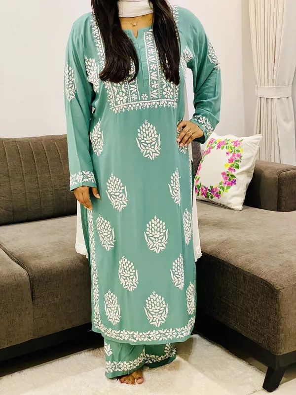 Army Green Bellate Premium Modal Chikankari Hand Embroidered Solid Women's Kurta Palazzo Set