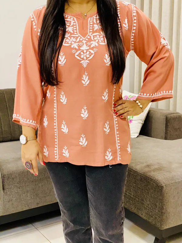 Rayon Chikankari Hand Embroidered Solid Women's Short Top