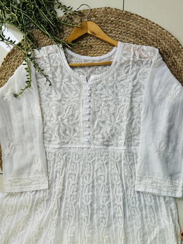 White Tara Resham Chikankari Hand Embroidered Women's Yog Anarkali Kurta