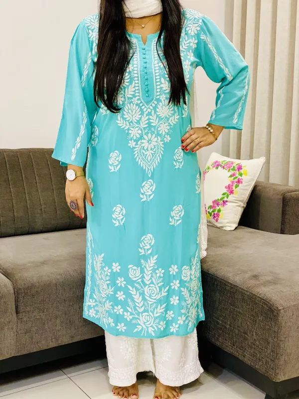 Aqua Naaz Premium Modal Chikankari Hand Embroidered Women's Solid Long Kurta