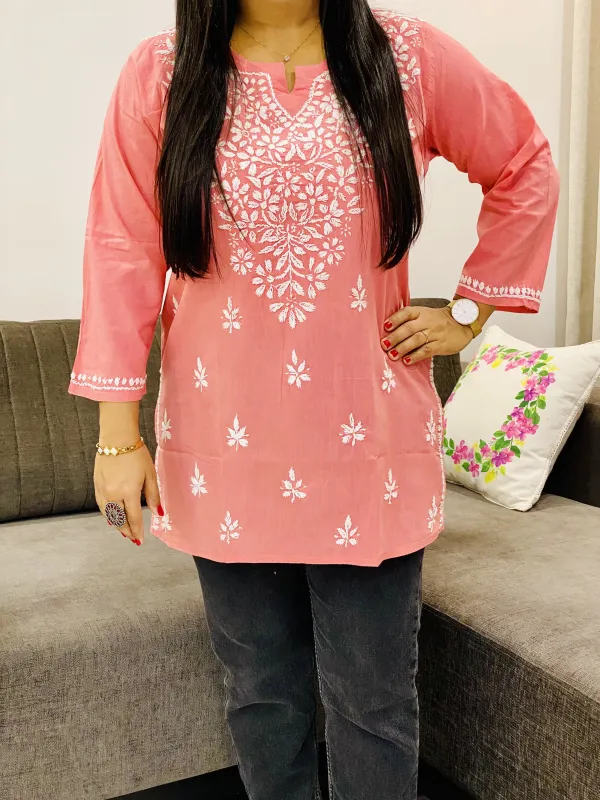 Peach Ekra Cotton Chikankari Hand Embroidered Solid Women's Short Kurta