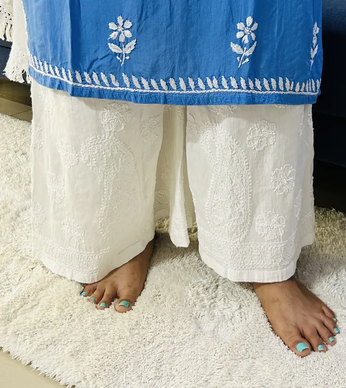 White Keri Rayon Chikankari Hand Embroidered Palazzo