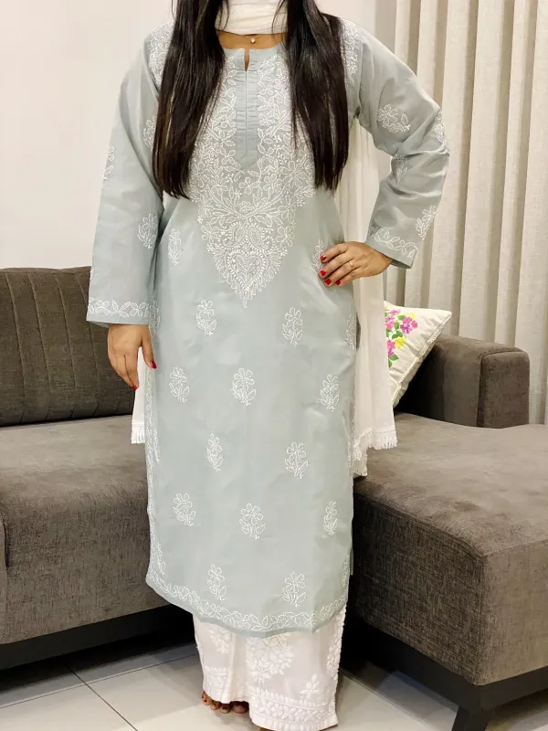 Grey Bani Voil Cotton Chikankari Hand Embroidered Women's Solid Long Kurta