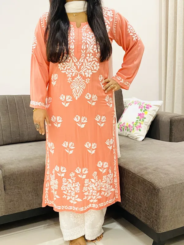 Peach Fanah Premium Modal Chikankari Hand Embroidered Solid Women's Long Kurta