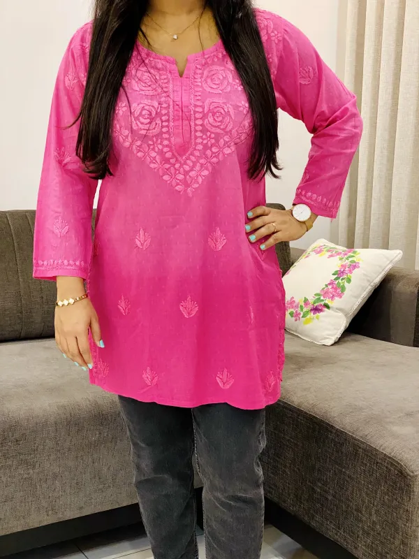 Pink Rose Dobby Mulmul Chikankari Hand Embroidered Women's Short Kurta