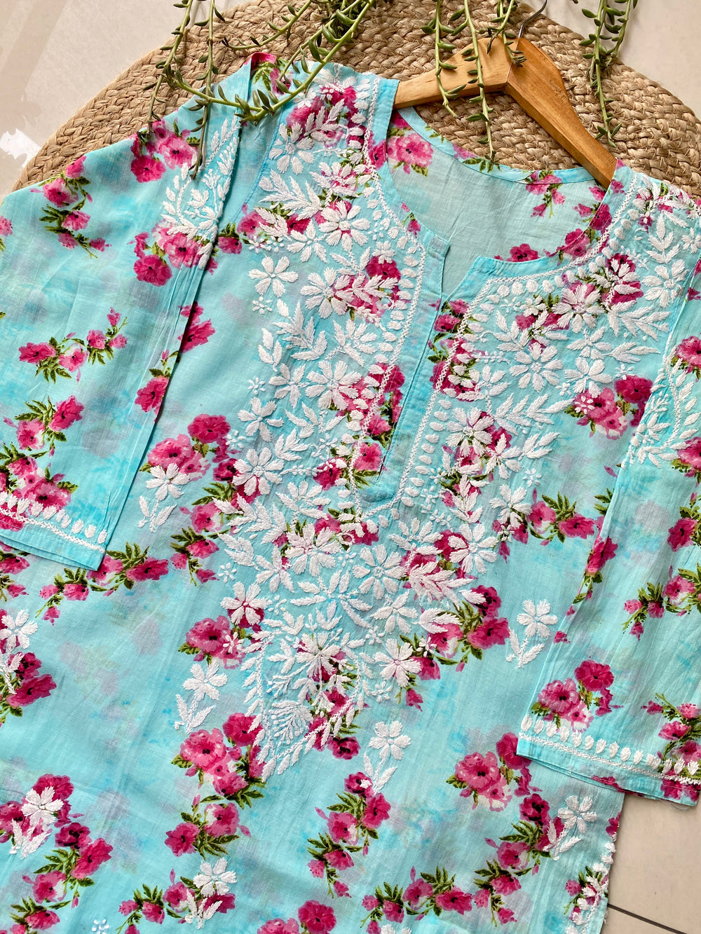 Sky Dvita Mulmul Chikankari Floral Women's Long Kurta