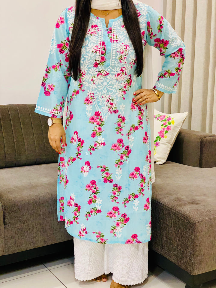 Sky Dvita Mulmul Chikankari Floral Women's Long Kurta