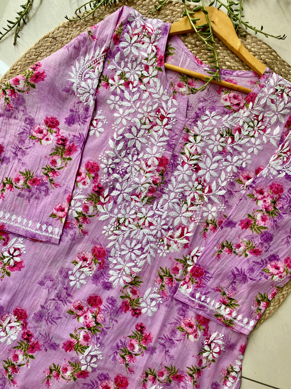 Lilac Dvita Mulmul Chikankari Floral Women's Long Kurta