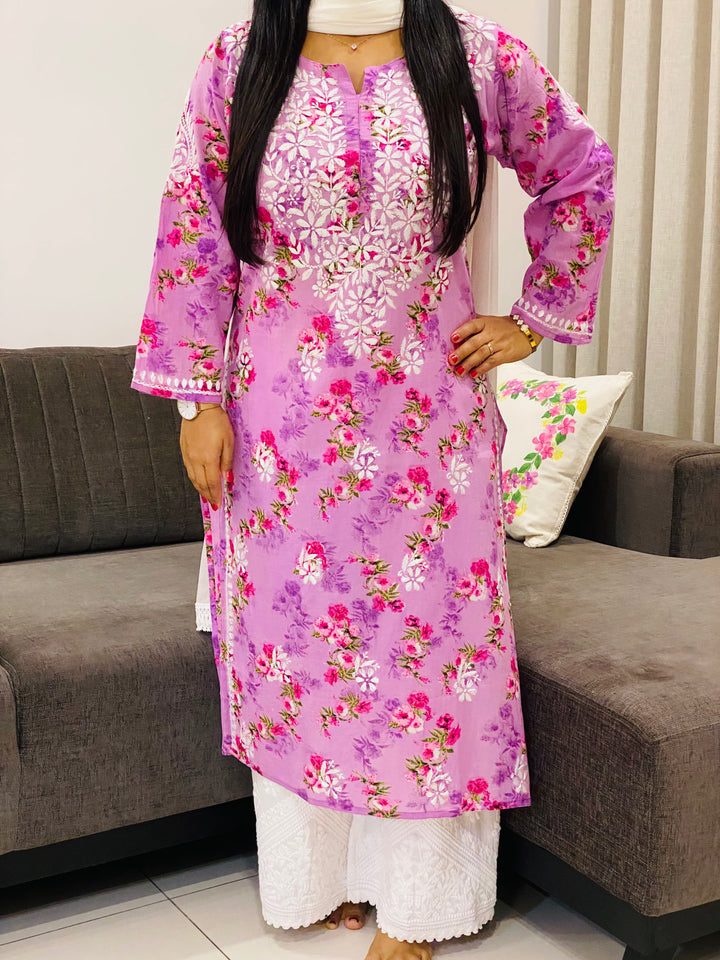 Lilac Dvita Mulmul Chikankari Floral Women's Long Kurta