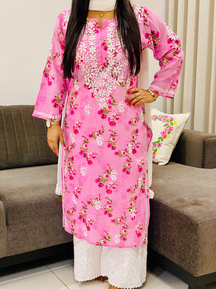 Pink Dvita Mulmul Chikankari Floral Women's Long Kurta